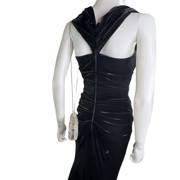 Talbot Runhof | Velvet Curve Hugging Draped Off Shoulder Evening Gown Small - Picture 3 of 10